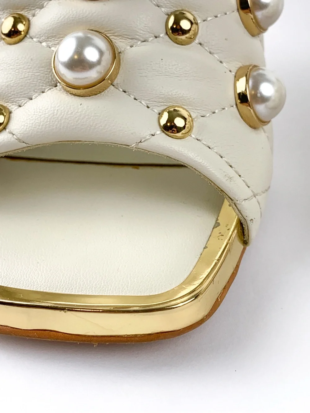 Karl Lagerfeld Paris Amina pearl studded heeled mules in ivory & gold size 6